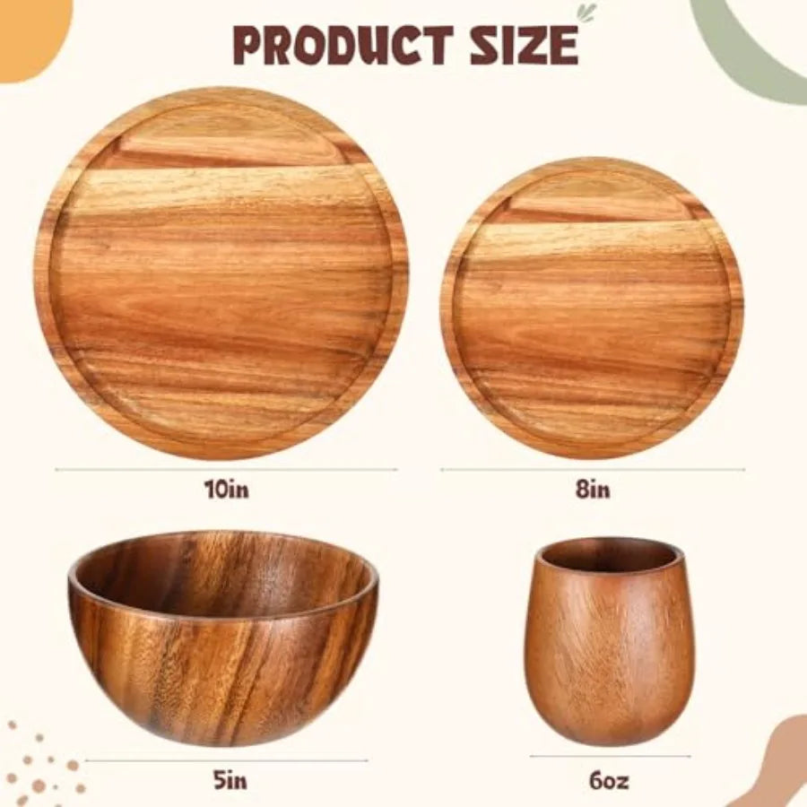 16 Pcs Acacia Wood Dinnerware Set Round Wooden Plates