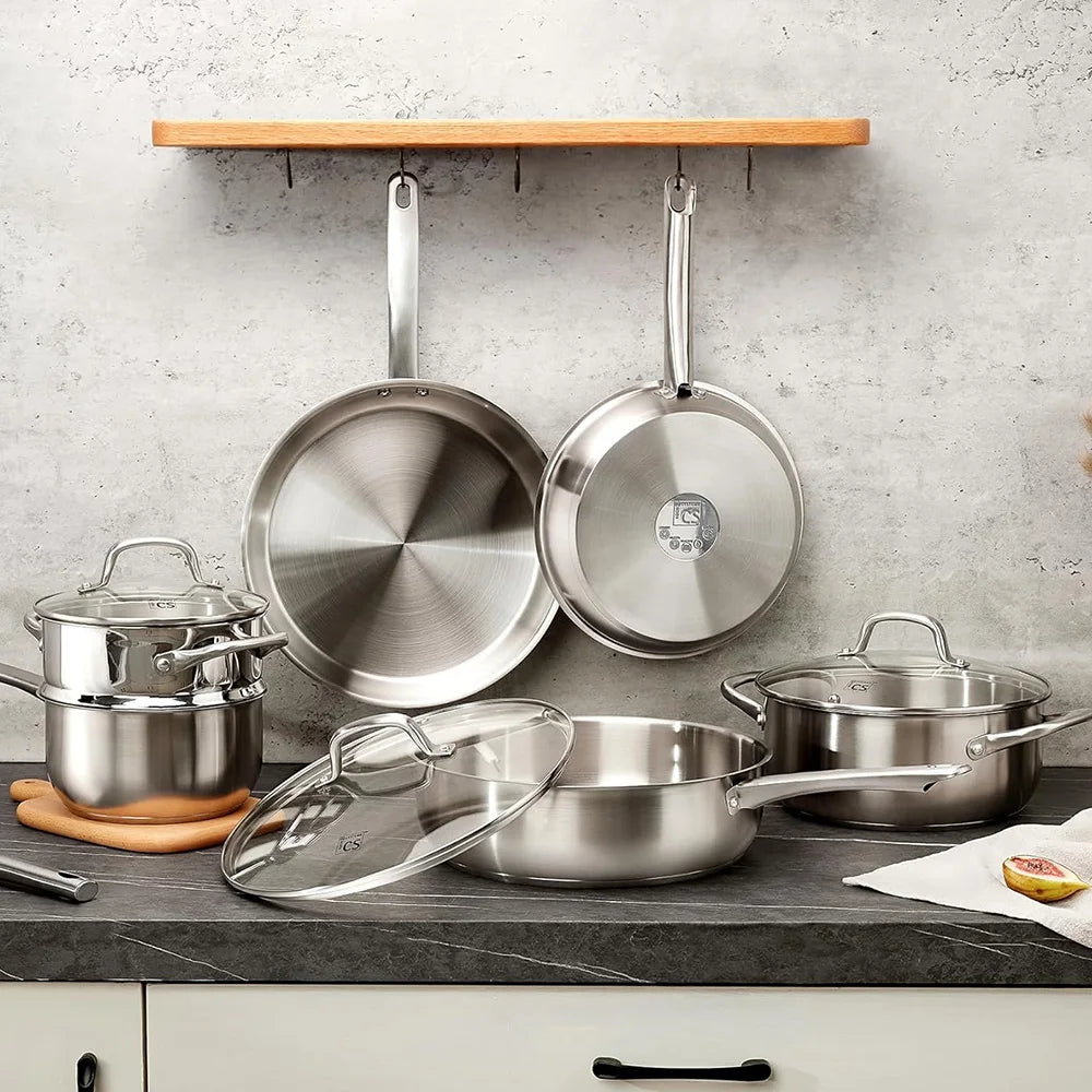 Stainless Steel Cookware Set 10pcs, All Stoves Compatible,