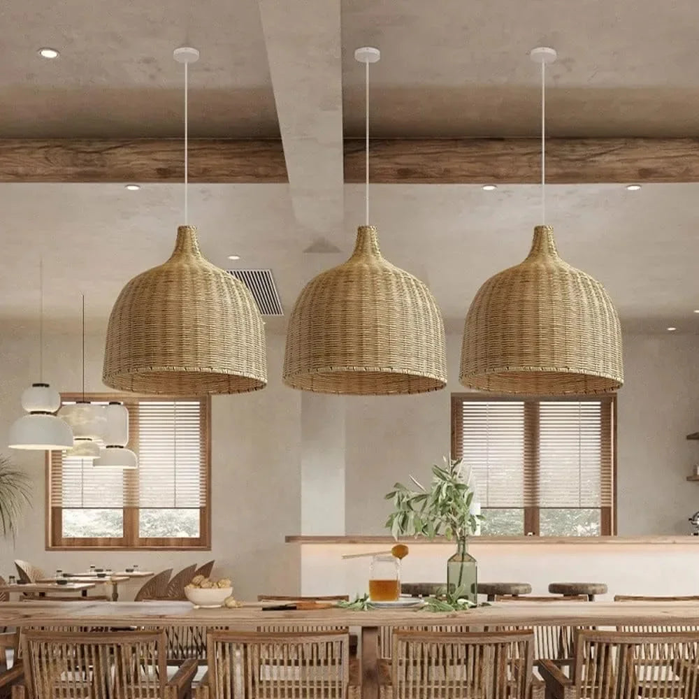 Boho Bamboo Rattan Pendant Chandelier – Handwoven E27 Ceiling Lamp for Bedroom & Kitchen Island
