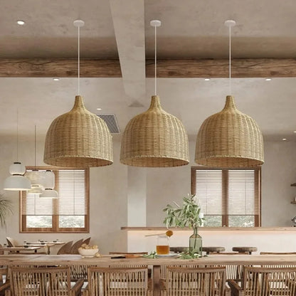 Boho Bamboo Rattan Pendant Chandelier – Handwoven E27 Ceiling Lamp for Bedroom & Kitchen Island