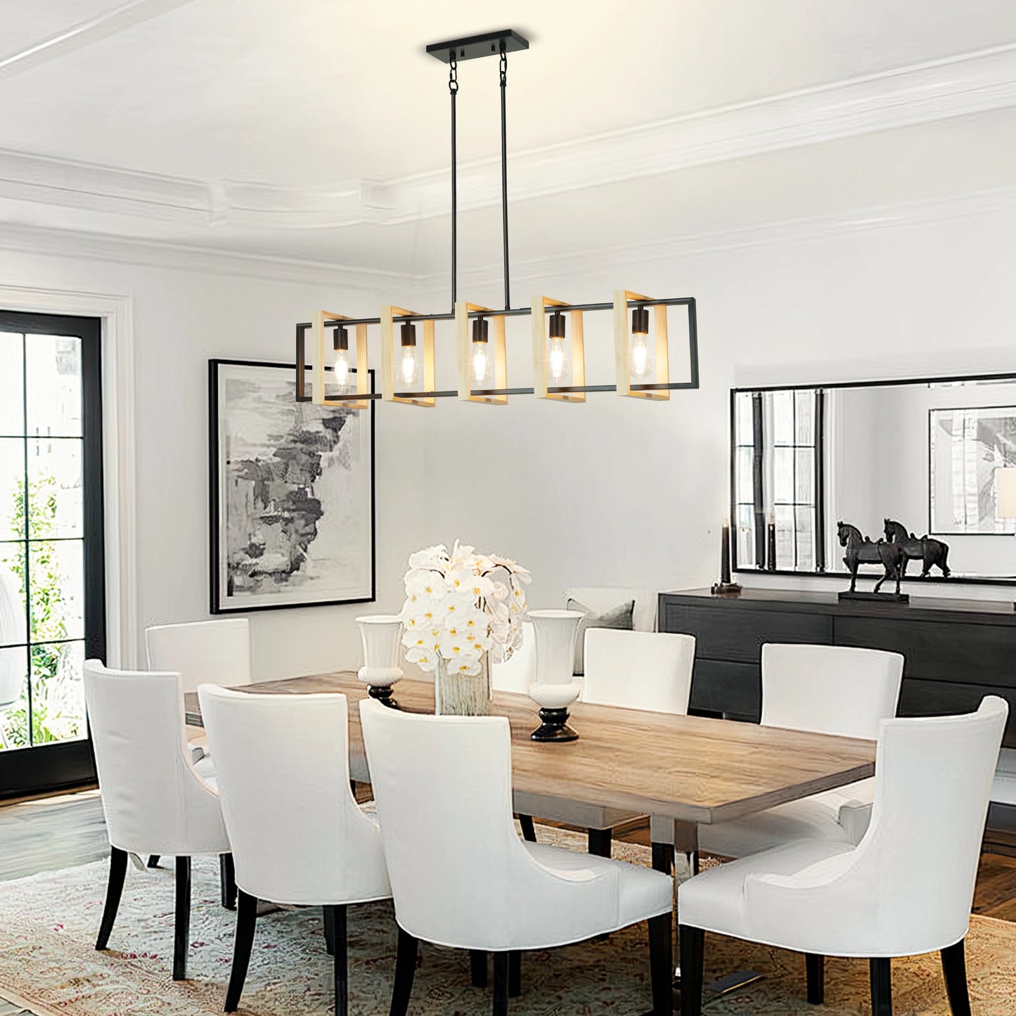 Farmhouse Kitchen Island Pendant Light – Dimmable Wood Shade Chandelier for Dining Room