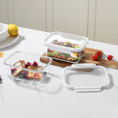 4PC Rectangle Glass Containers Airtight Lid Microwave Freezer Dishwasher Safe Food Storage