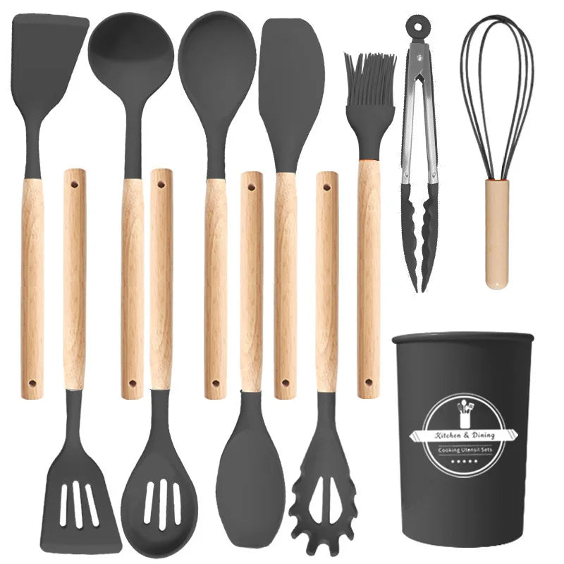 Silicone Kitchen Utensils Set Wooden Handle