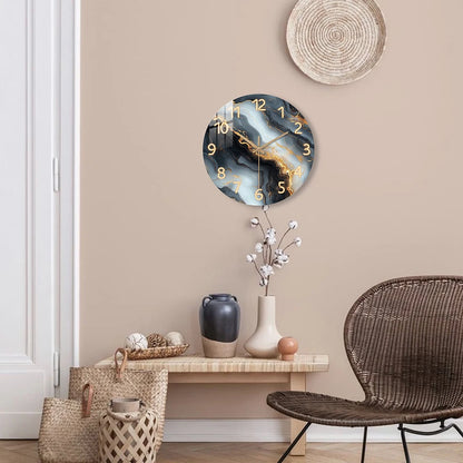 Blue Gold Marble Wooden Wall Clock