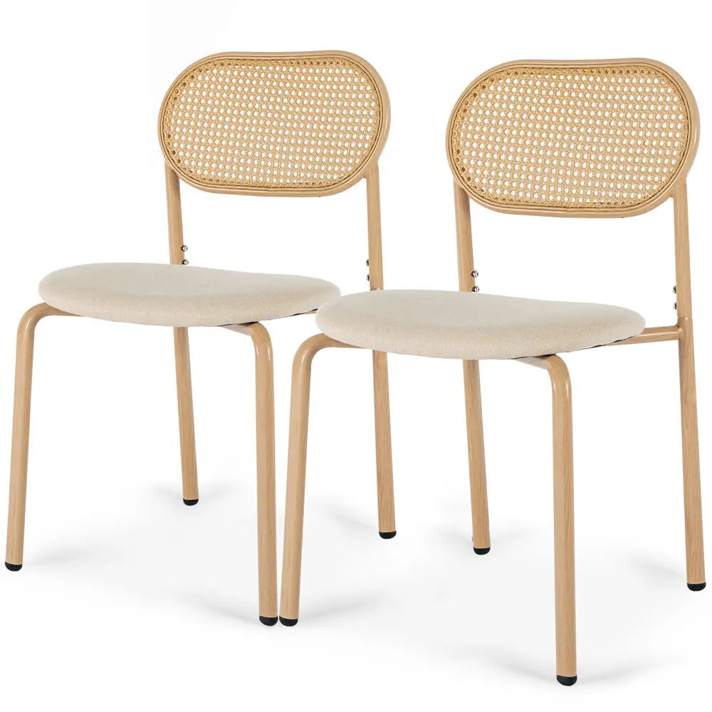 Upholstered Dining Chair with Rattan Back & Metal Legs