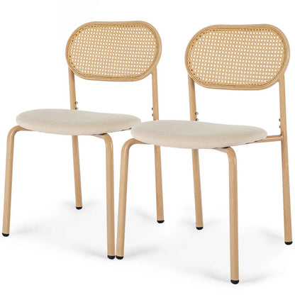 Upholstered Dining Chair with Rattan Back & Metal Legs