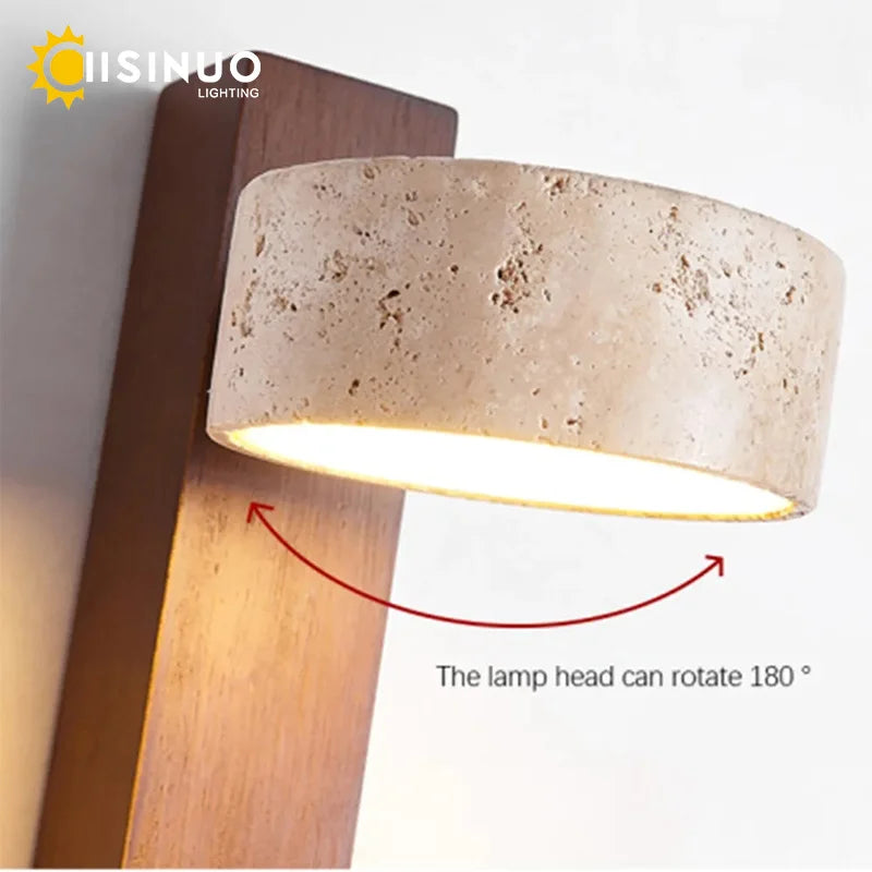 Wabi Sabi Travertine Wall Lamp – Walnut LED Bedroom Light