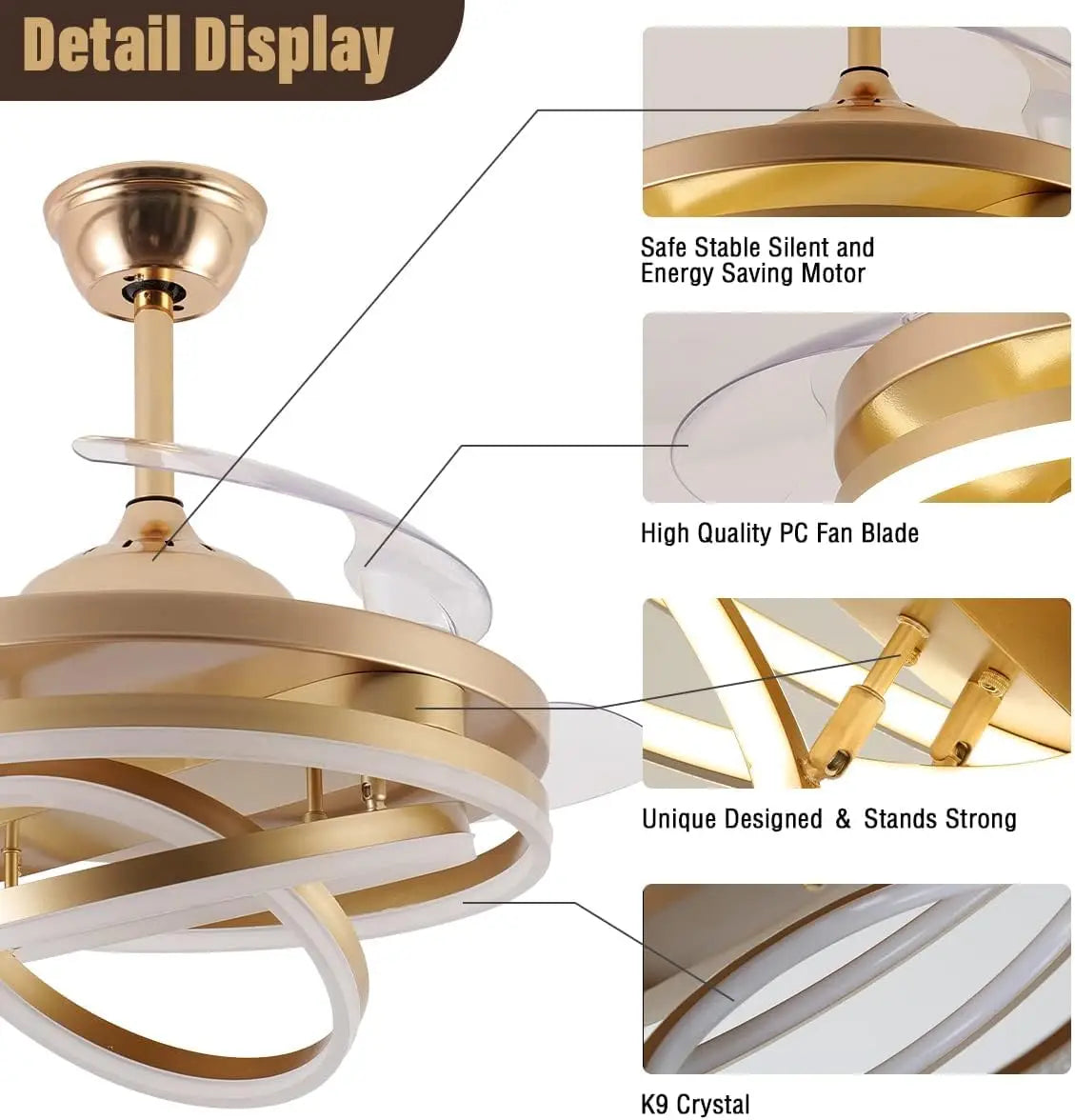 Ceiling Fan And Chandelier with Cascading Crystal String Silent