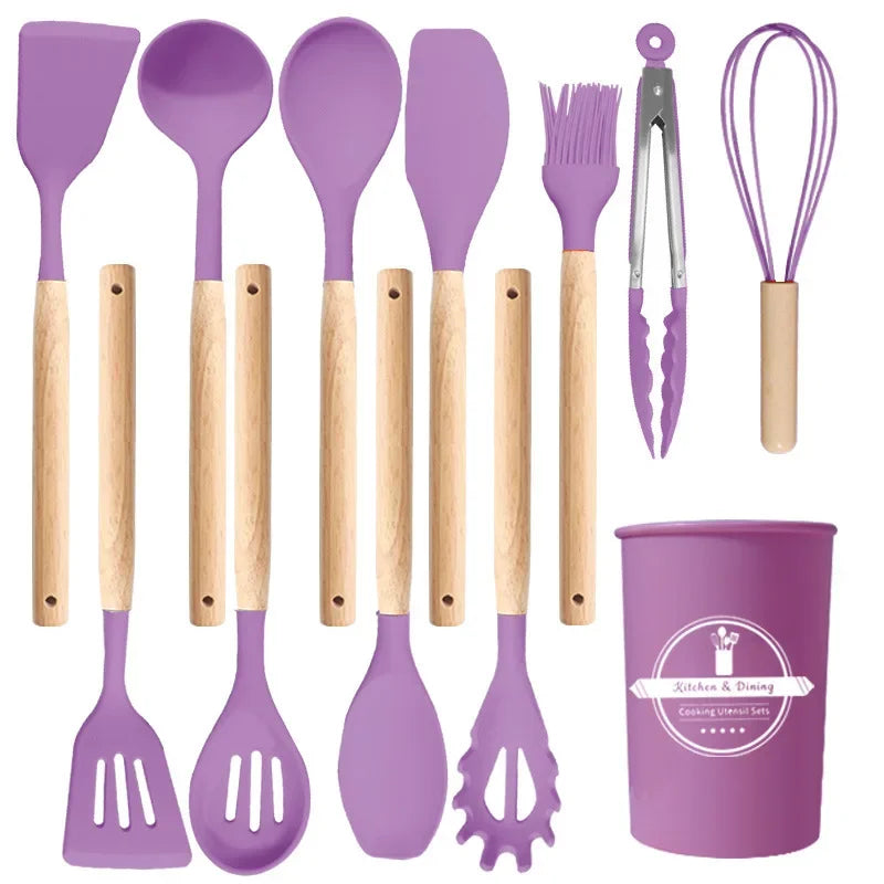 Silicone Kitchen Utensils Set Wooden Handle
