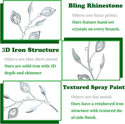 2-Piece Silver Crystal Leaf Wall Art – Modern 3D Metal Decor Set