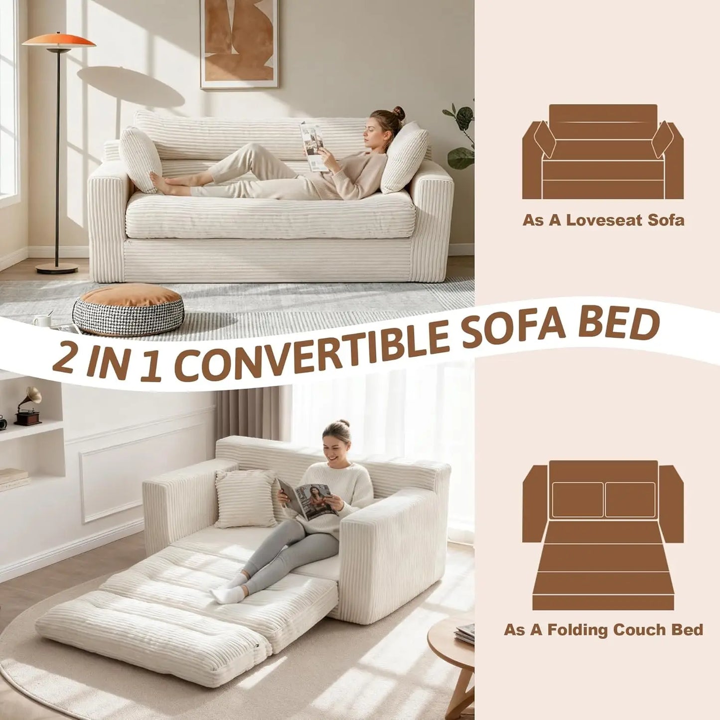 Convertible 2-Seater Sofa Bed – Pull-Out Folding Loveseat (Beige)