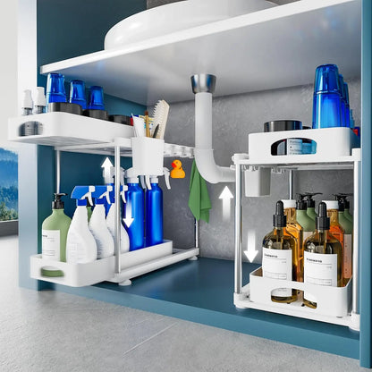 2 Pack Under Sink Organizers and Storage, Double Sliding Kitchen Cabinet Organizer, Adjustable Countertop Organizer