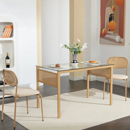 Upholstered Dining Chair with Rattan Back & Metal Legs