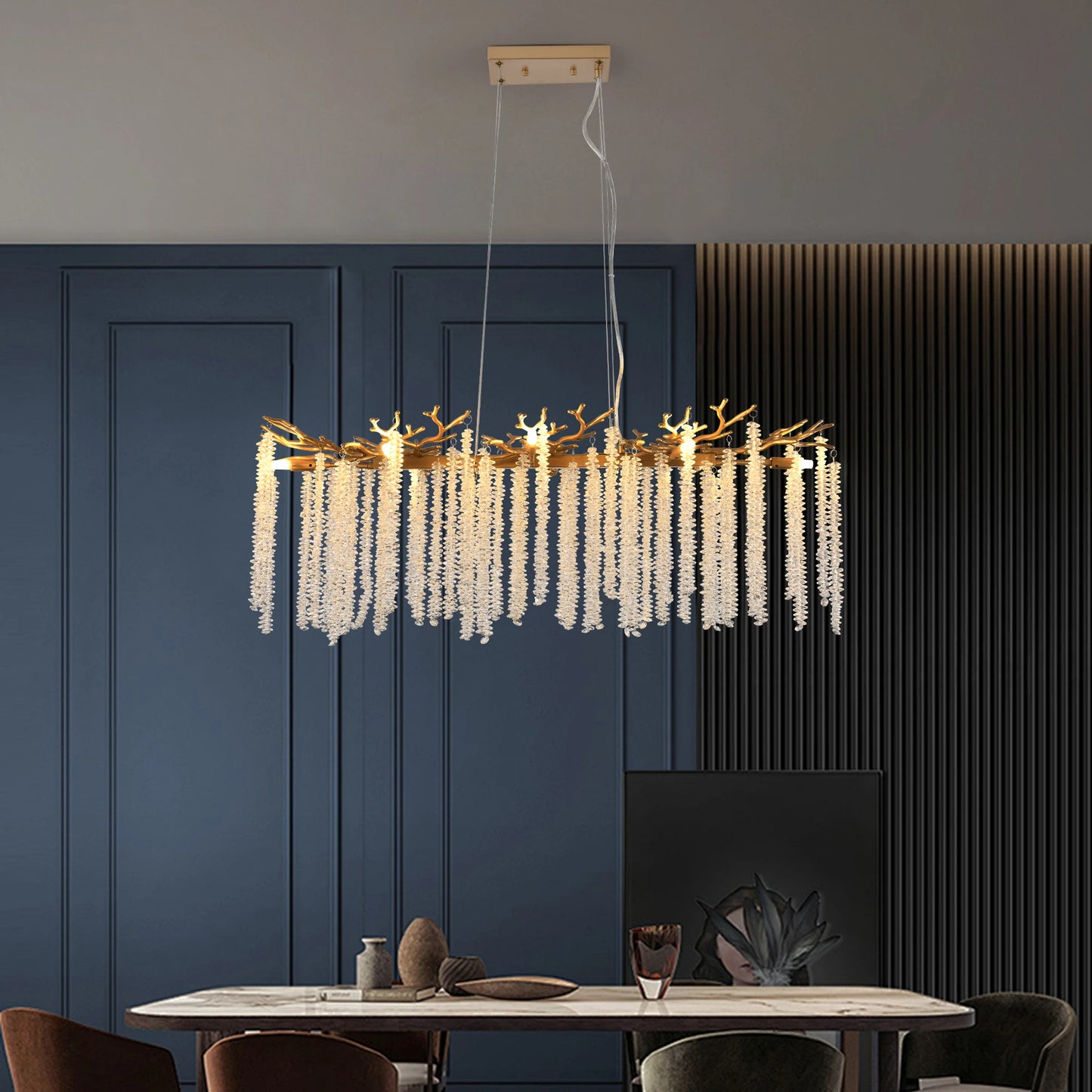 39.4" Gold Crystal Chandelier – Cascading Crystal String Pendant Light for Living Room & Foyer
