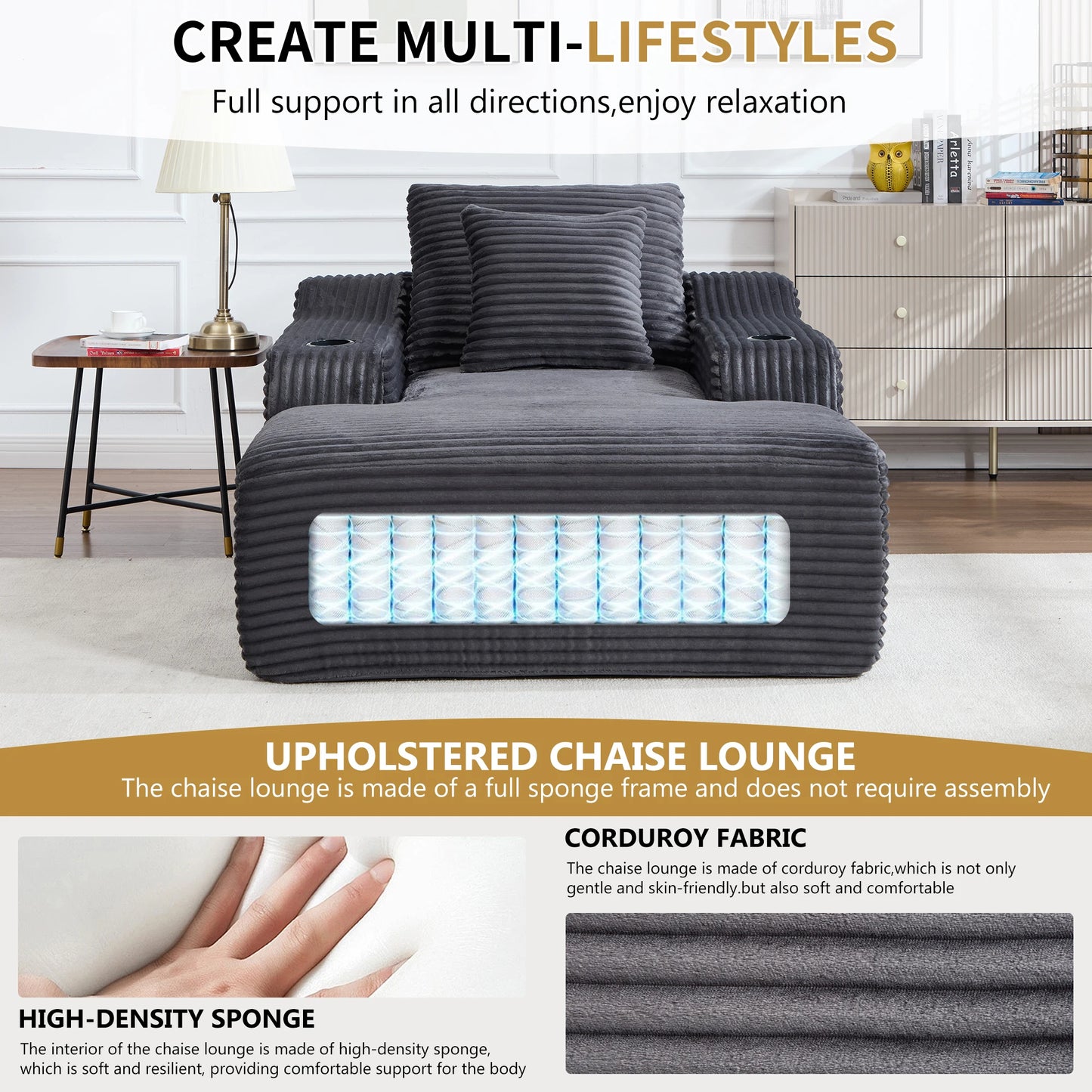 67" Corduroy Indoor Chaise Lounge Chair