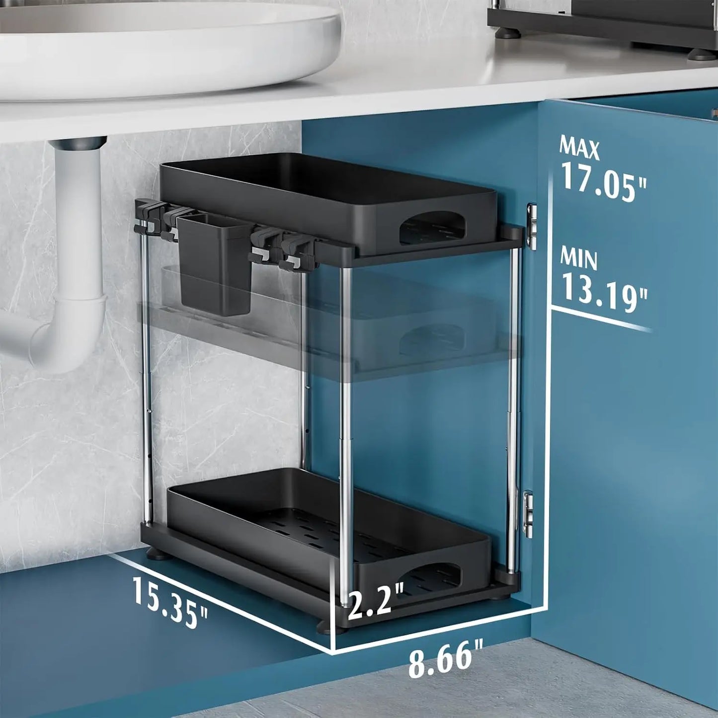 2 Pack Under Sink Organizers and Storage, Double Sliding Kitchen Cabinet Organizer, Adjustable Countertop Organizer