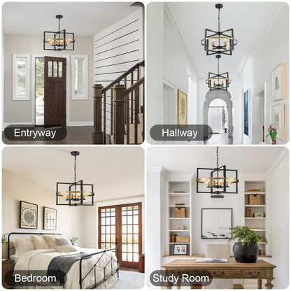 4-Light Black Gold Chandelier – Modern Industrial Pendant Light for Entryway & Dining Room