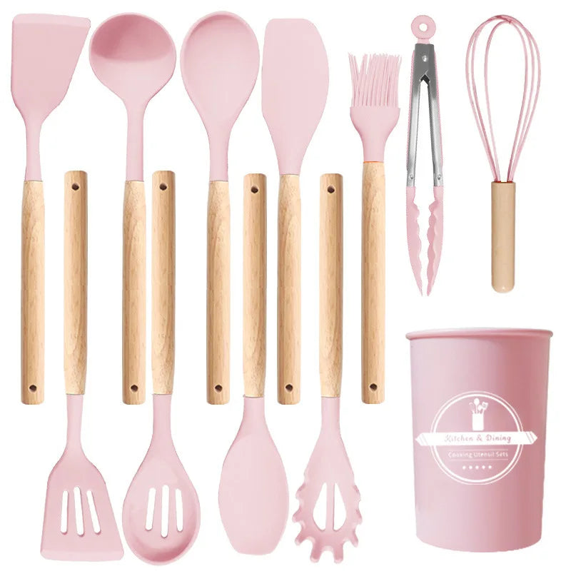 Silicone Kitchen Utensils Set Wooden Handle