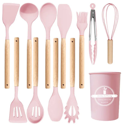 Silicone Kitchen Utensils Set Wooden Handle