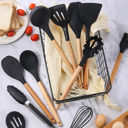 Silicone Kitchen Utensils Set Wooden Handle