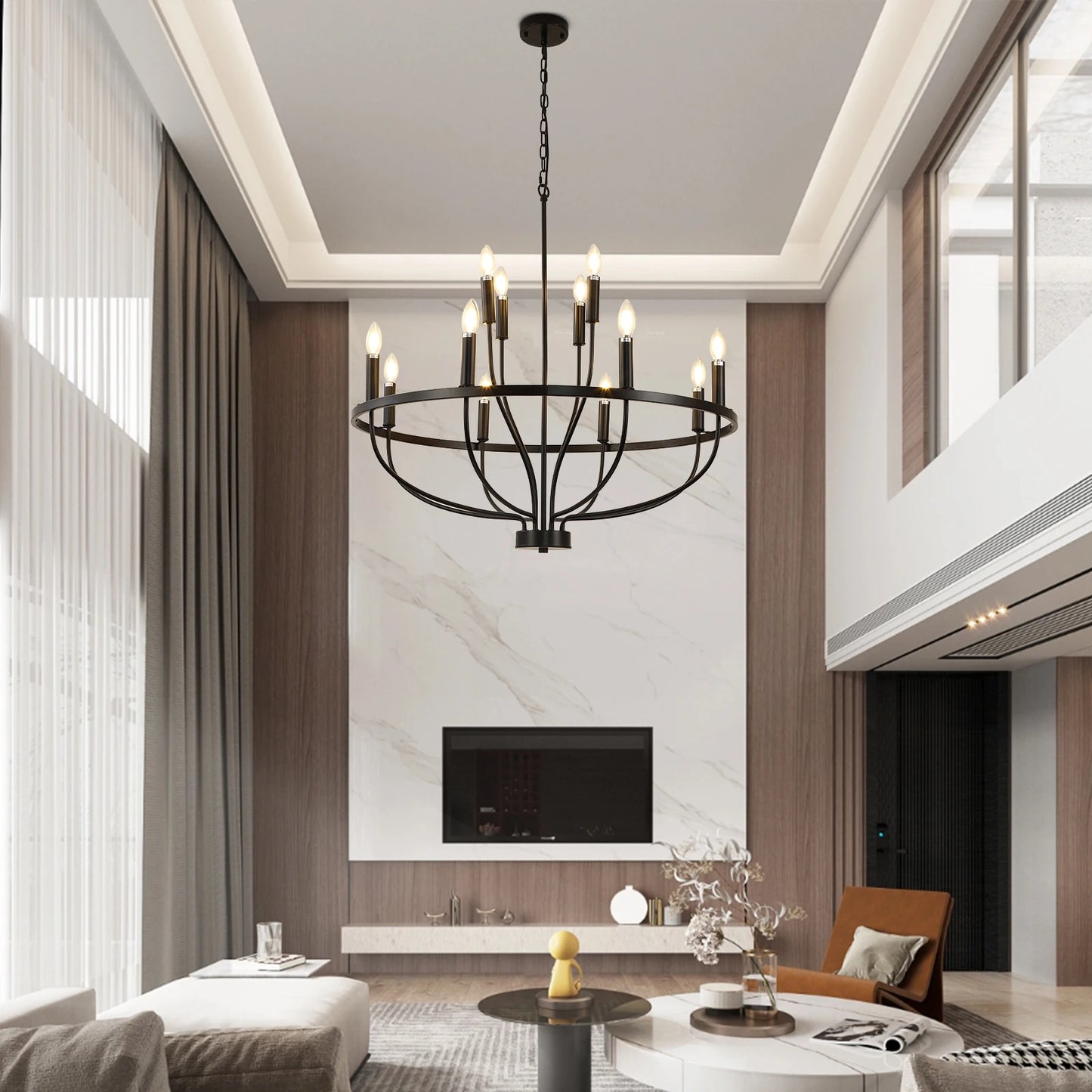 12-Light Black Farmhouse Chandelier – Industrial Round Pendant Light