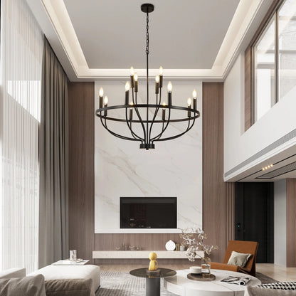 12-Light Black Farmhouse Chandelier – Industrial Round Pendant Light