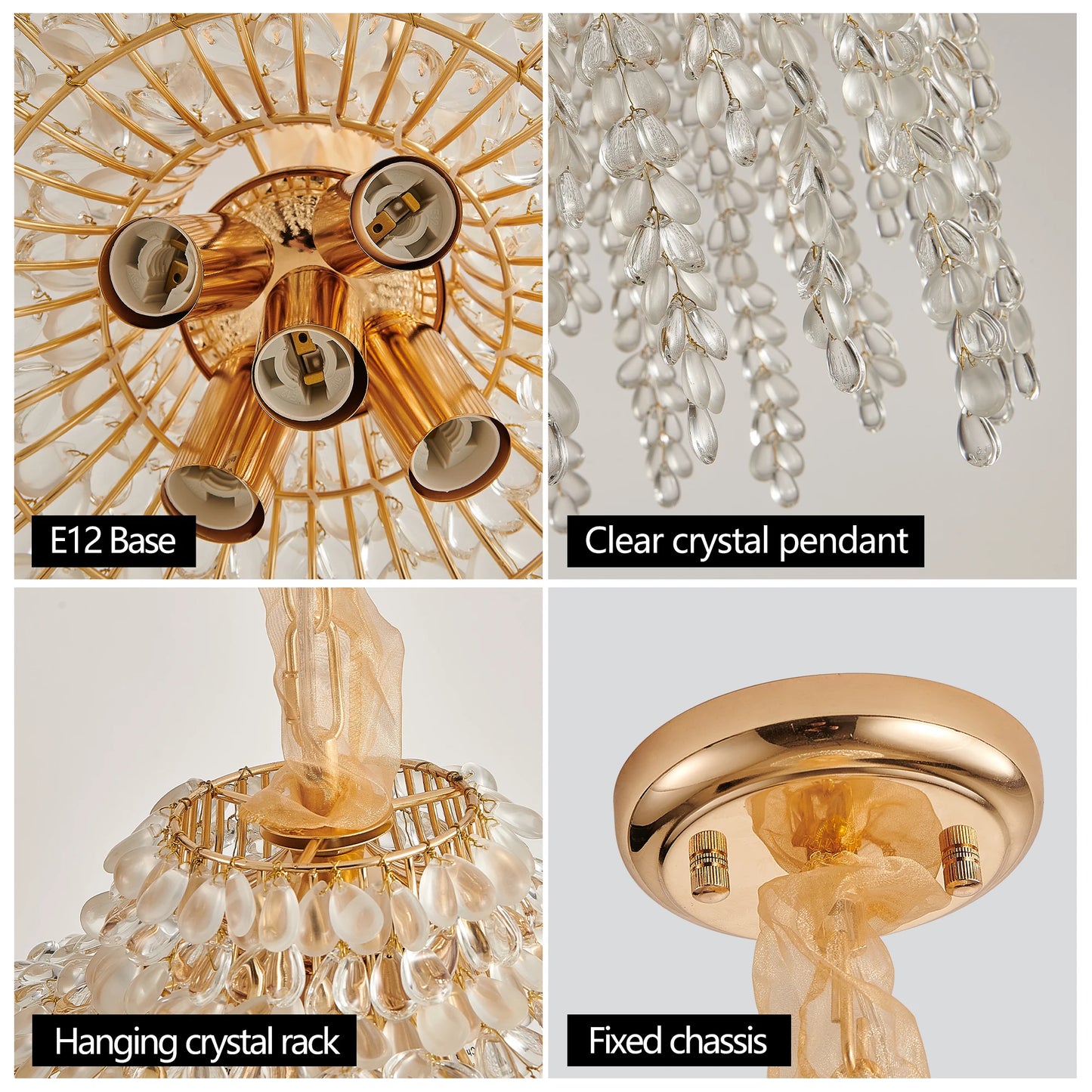Crystal Waterfall Chandelier – 5 Light Gold Pendant (16”)