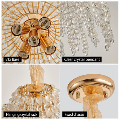Crystal Waterfall Chandelier – 5 Light Gold Pendant (16”)