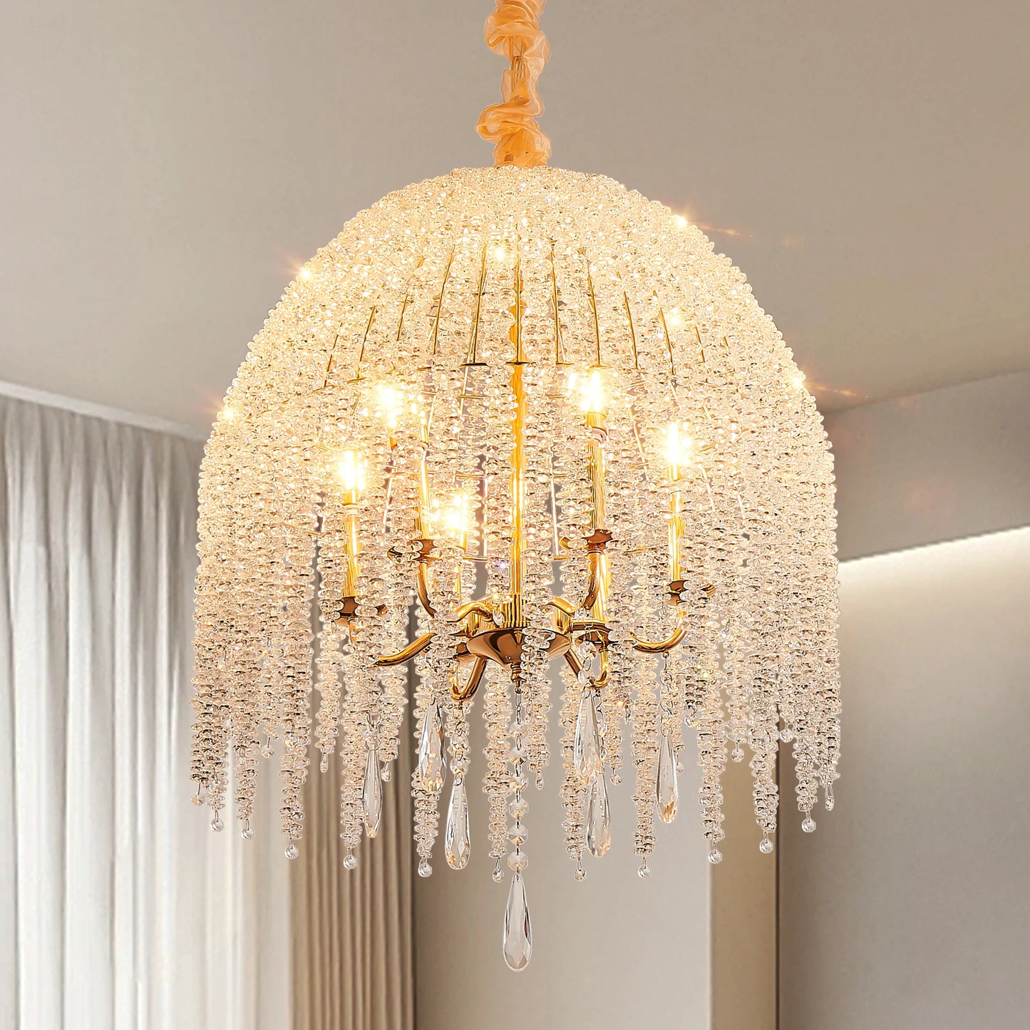 20" 6-Light Gold Crystal Waterfall Chandelier – Elegant Beaded Pendant Ceiling Light