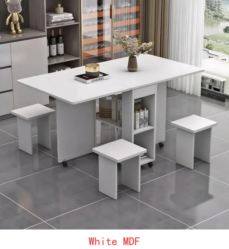 Folding Drop Leaf Dining Table Set for 4 with 4 Chairs, Space Saving Foldable Dining Table with Storage and Wheels, 47.2" D x