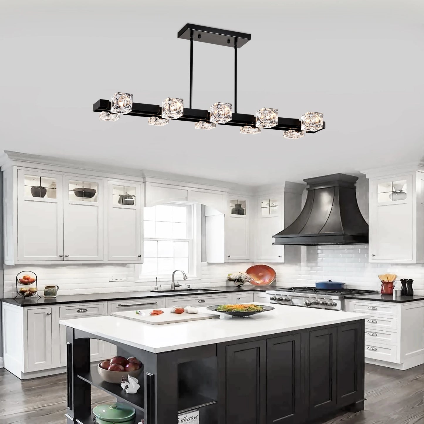 8-Light Black Farmhouse Rectangle Chandelier – Linear Crystal Pendant Light for Dining Room
