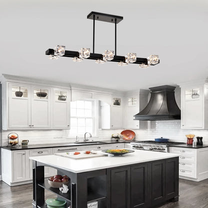 8-Light Black Farmhouse Rectangle Chandelier – Linear Crystal Pendant Light for Dining Room