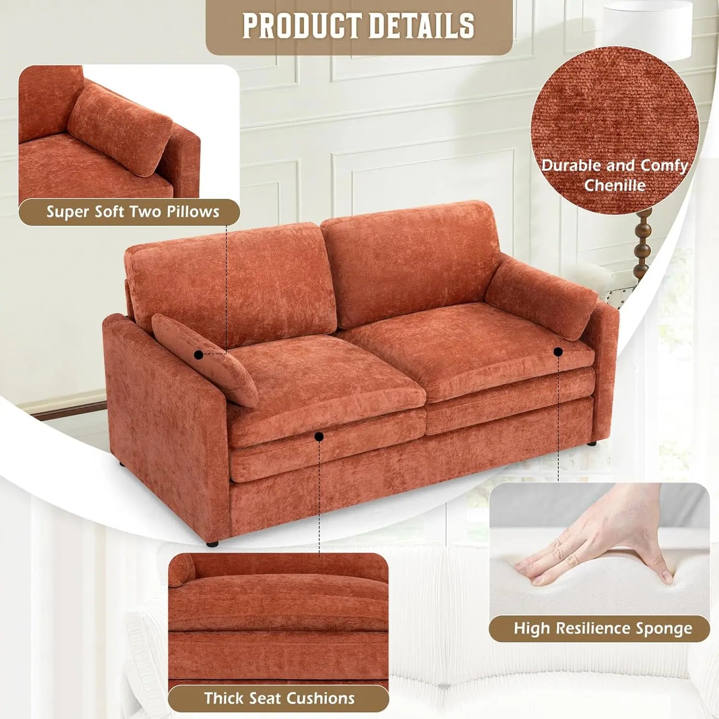 Modern Chenille 2-Seater Sofa with Pillows