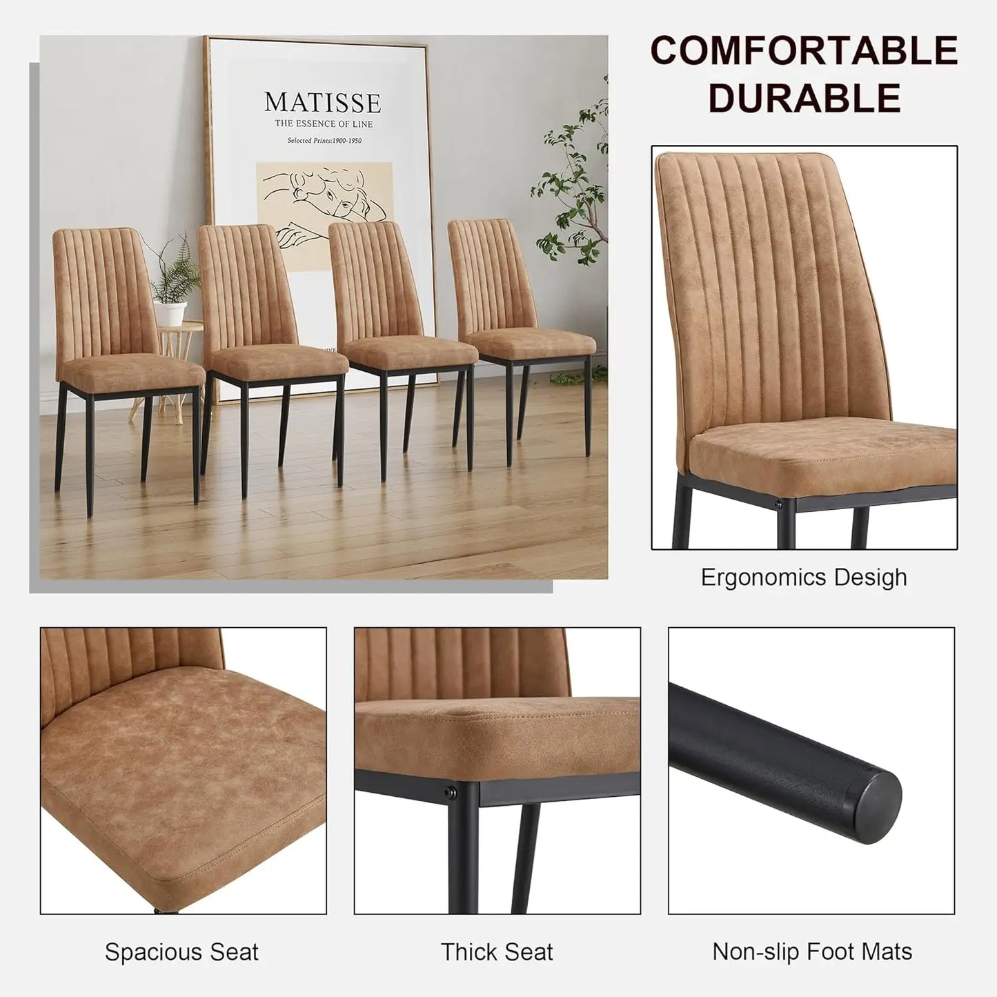 Set of 4 Brown Suede Dining Chairs with Metal Legs