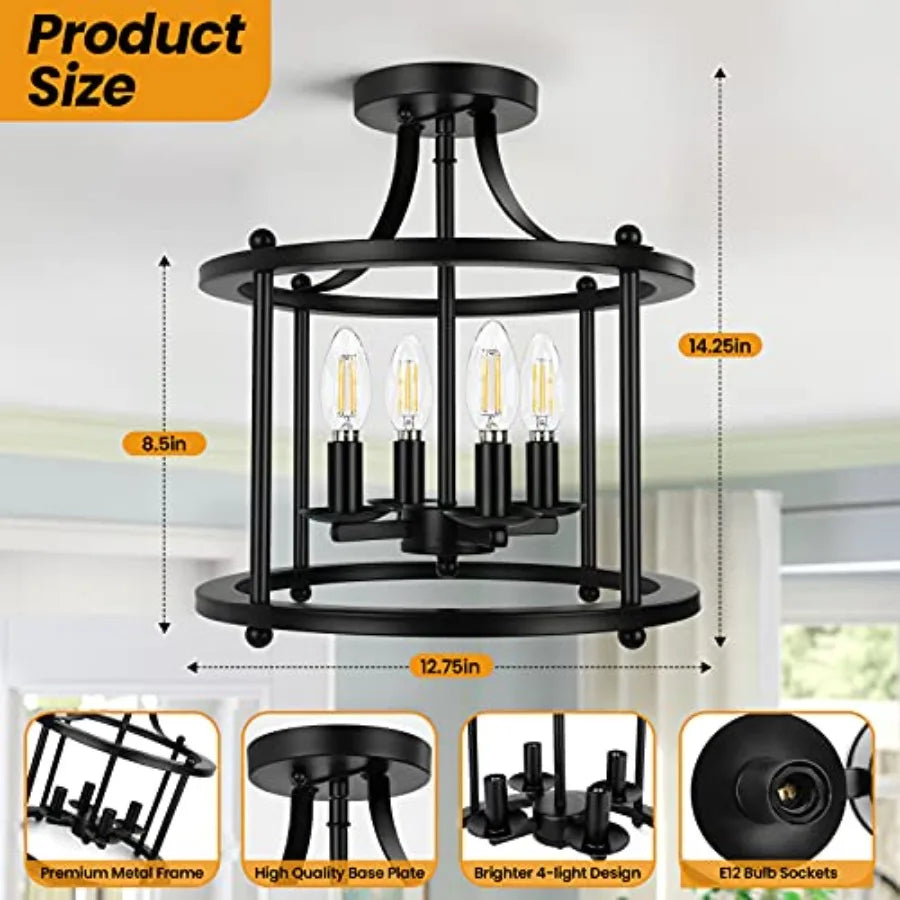 Farmhouse Semi Flush Mount Ceiling Light – 4-Light Industrial E12 Rustic Vintage Chandelier