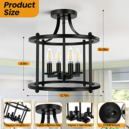 Farmhouse Semi Flush Mount Ceiling Light – 4-Light Industrial E12 Rustic Vintage Chandelier