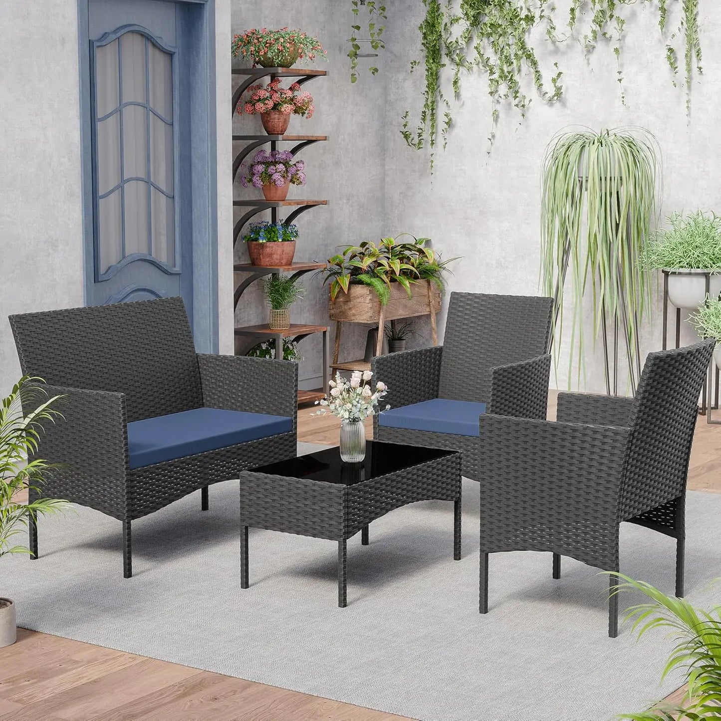 4-Piece Wicker Patio Conversation Set with Coffee Table