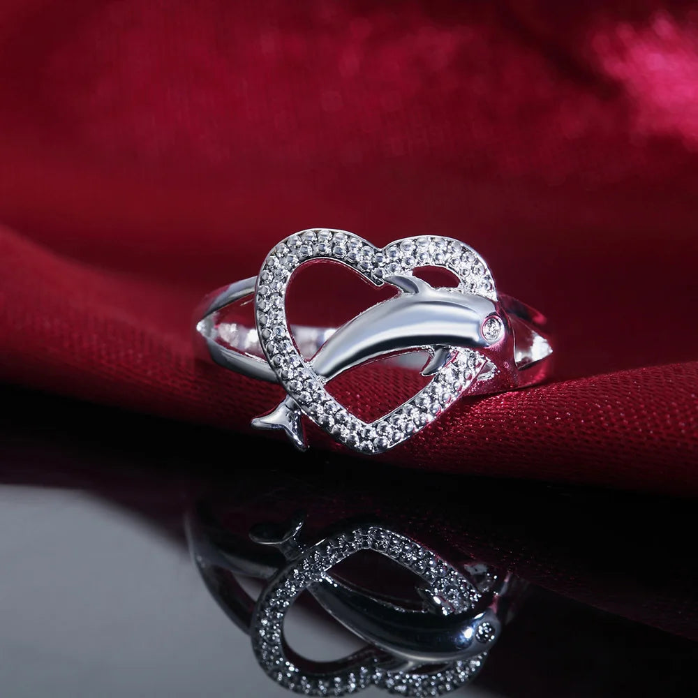 Sterling Silver Love Dolphins Ring