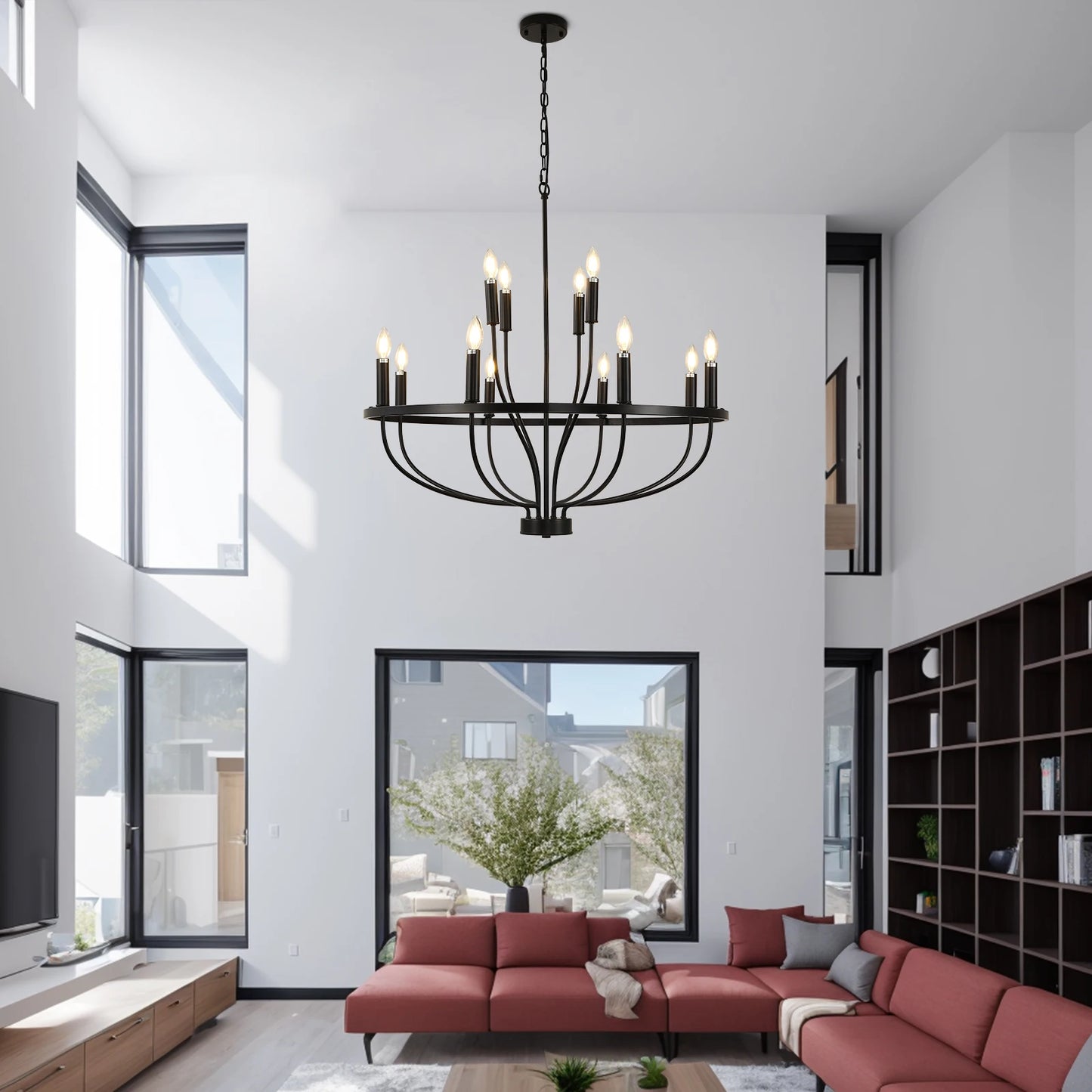 12-Light Black Farmhouse Chandelier – Industrial Round Pendant Light