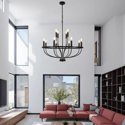 12-Light Black Farmhouse Chandelier – Industrial Round Pendant Light