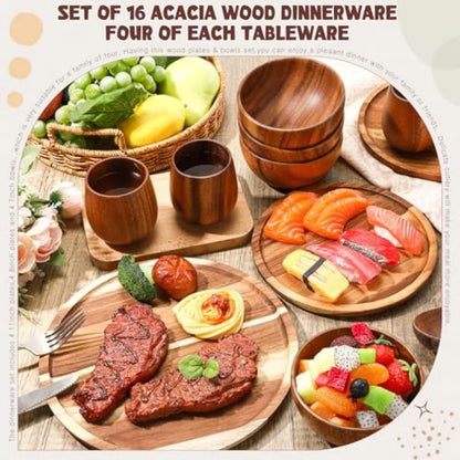 16 Pcs Acacia Wood Dinnerware Set Round Wooden Plates