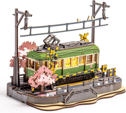 Robotime Sakura Journey Tram 3D Wooden Puzzle Model Kit with LED Lights, 223 Pieces