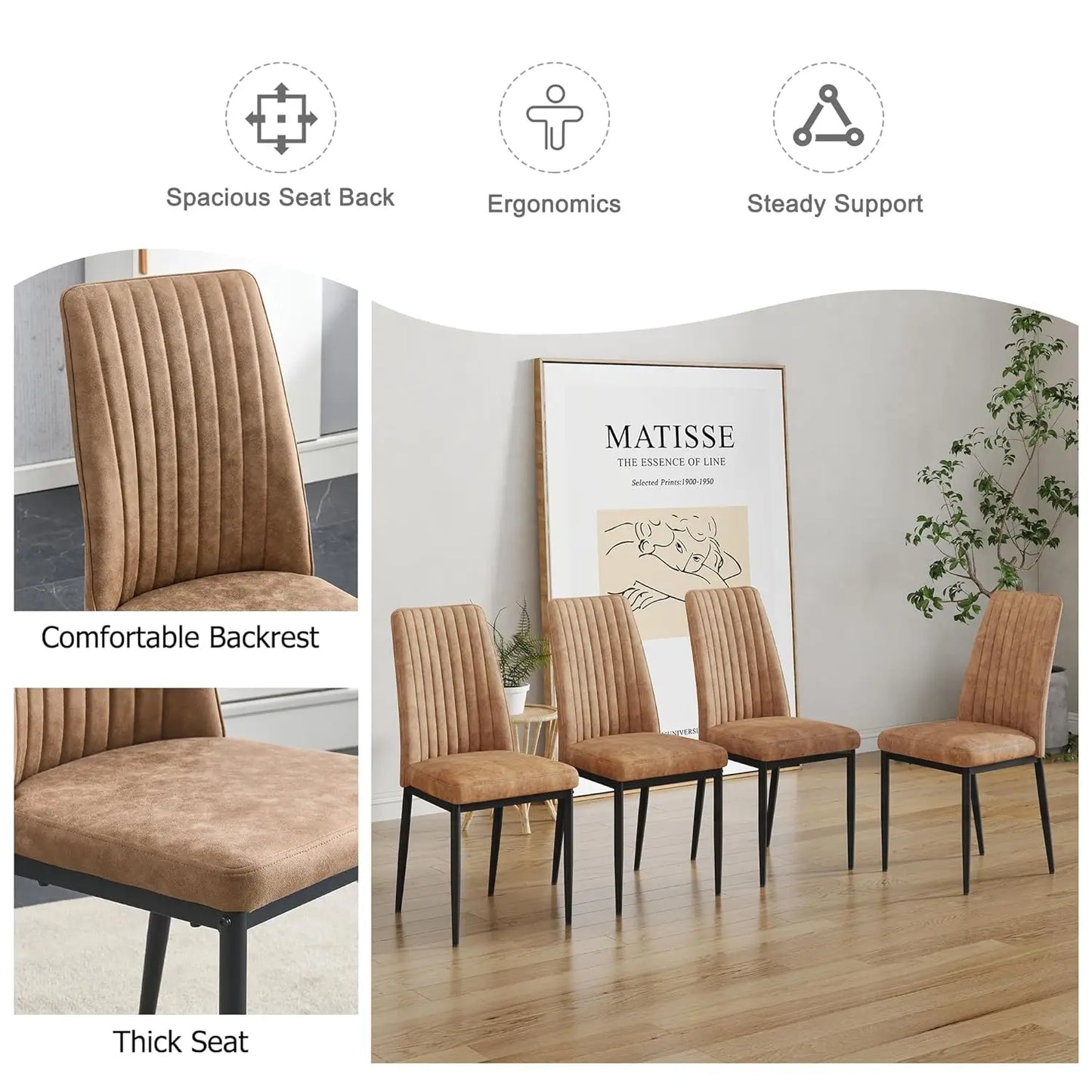 Set of 4 Brown Suede Dining Chairs with Metal Legs