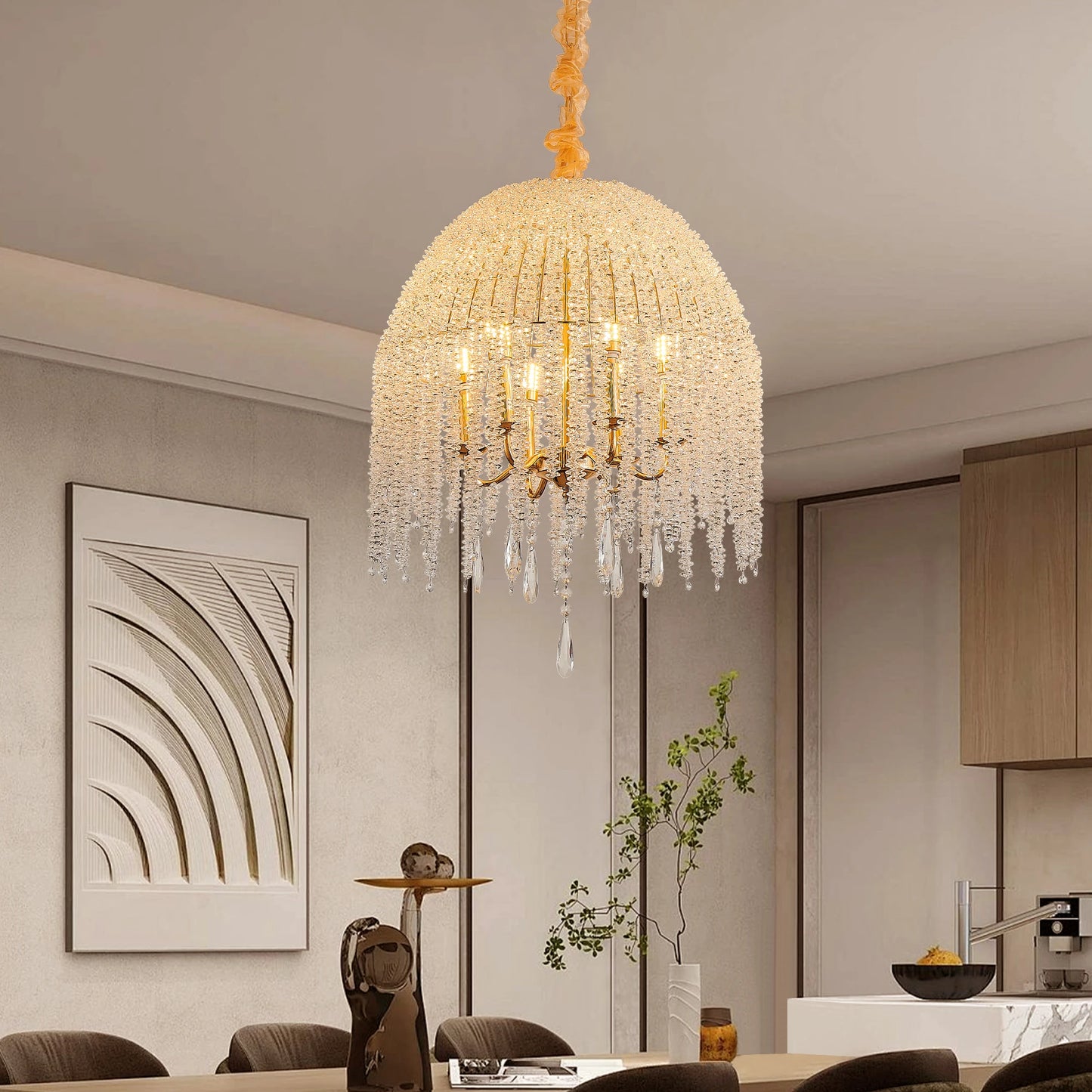 20" 6-Light Gold Crystal Waterfall Chandelier – Elegant Beaded Pendant Ceiling Light
