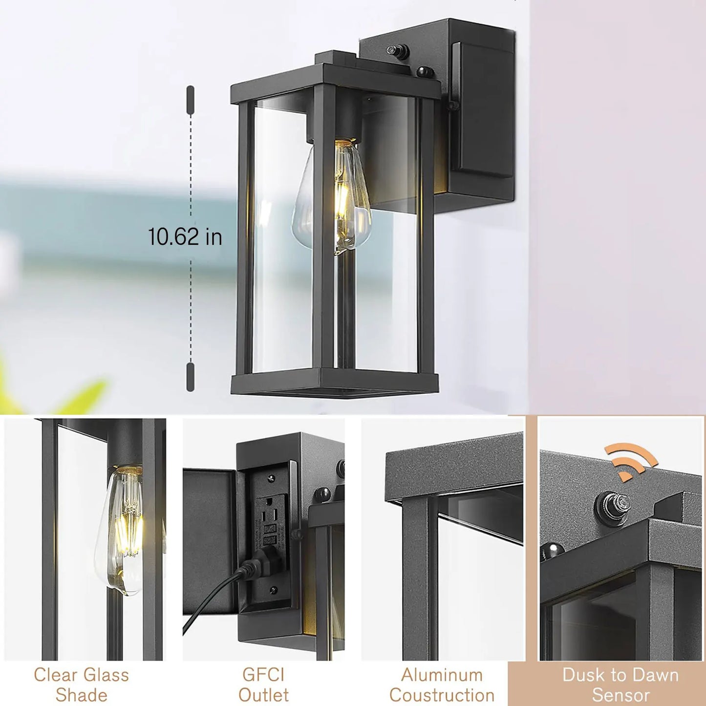 Porch Light with GFCI Outlet & Dusk-to-Dawn Sensor