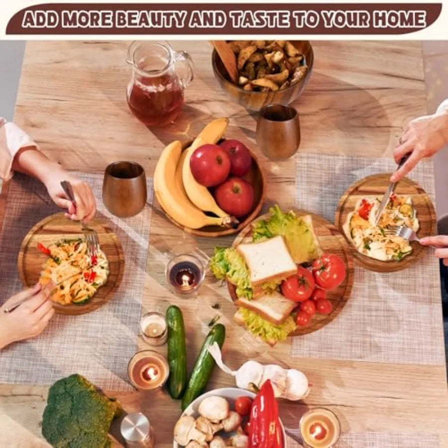 16 Pcs Acacia Wood Dinnerware Set Round Wooden Plates