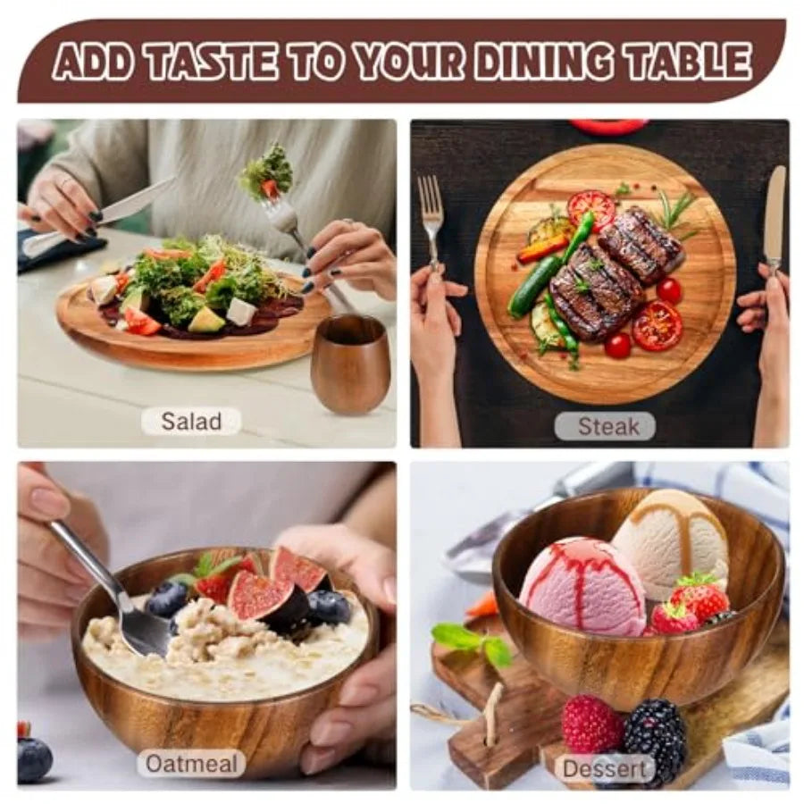 16 Pcs Acacia Wood Dinnerware Set Round Wooden Plates