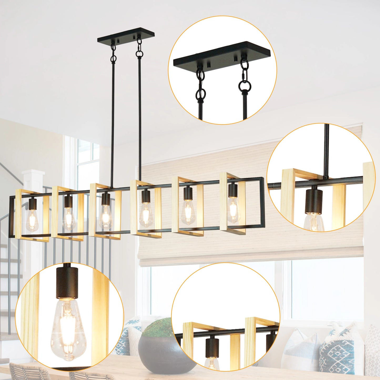 Farmhouse Kitchen Island Pendant Light – Dimmable Wood Shade Chandelier for Dining Room