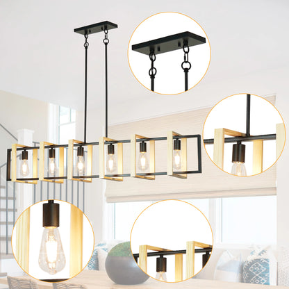 Farmhouse Kitchen Island Pendant Light – Dimmable Wood Shade Chandelier for Dining Room