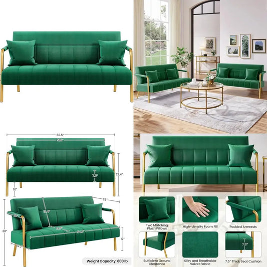 Modern Velvet Sofa with Gold Metal Arms 56.5